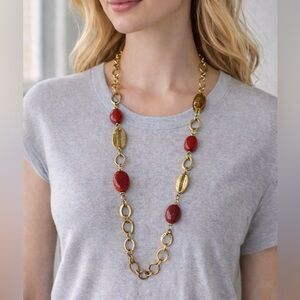 Chico’s Antique Gold Tone & Red Stone Long Necklace (BR333/3)